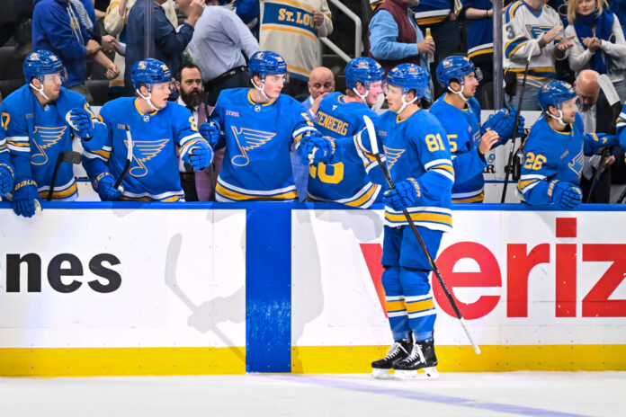 NHL: APR 09 Jets at Blues St. Louis Blues left wing Dylan Holloway celebrates his power play goal with teammates on the bench, NHL game vs Winnipeg Jets, April 9, 2026 at Enterprise Center.