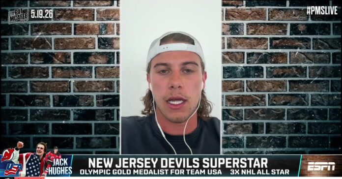 Jack Hughes on The Pat McAfee Show, May 19, 2026 Jack Hughes of the New Jersey Devils speaks on The Pat McAfee Show after his Olympic gold medal-winning goal, showing his repaired front teeth