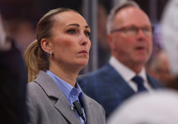 Jessica Campbell Kraken assistant coach 2025 Seattle Kraken assistant coach Jessica Campbell looks on during a game against the Chicago Blackhawks