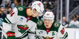 Wild Hand Avalanche First Loss of Playoffs in Dominant Game 3 Win Minnesota Wild center Joel Eriksson Ek with Kirill Kaprizov during a 2023 game