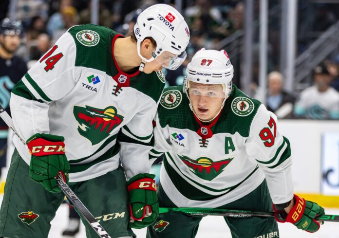 Joel Eriksson Ek Kirill Kaprizov Minnesota Wild Minnesota Wild center Joel Eriksson Ek with Kirill Kaprizov during a 2023 game