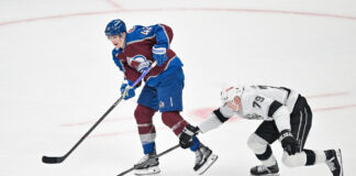 Manson Fined Max $5K for Butt-End on Wild’s McCarron Colorado Avalanche defenseman Josh Manson skates with the puck defended by Los Angeles Kings center Samuel Helenius during the Stanley Cup Playoffs