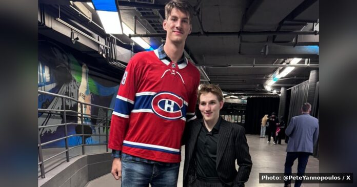 lane-hutson-olivier-rioux-featured-v2 Montreal Canadiens defenseman Lane Hutson stands next to 7-foot-9 college basketball player Olivier Rioux at the Bell Centre