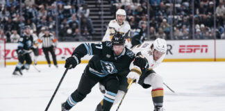 Knights Lose Lauzon to Friendly-Fire Shot Ahead of Round 2 Jeremy Lauzon Vegas Golden Knights JJ Peterka Utah Mammoth Game 6 NHL Stanley Cup Playoffs First Round Delta Center May 1 2026