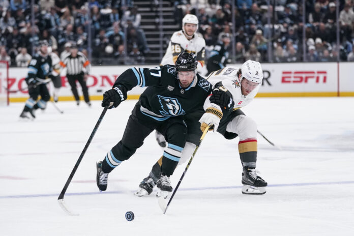 NHL: MAY 01 Playoffs First Round Golden Knights at Mammoth Jeremy Lauzon Vegas Golden Knights JJ Peterka Utah Mammoth Game 6 NHL Stanley Cup Playoffs First Round Delta Center May 1 2026