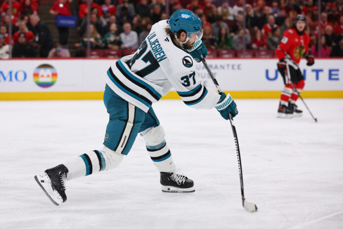 NHL: FEB 02 Sharks at Blackhawks Timothy Liljegren San Jose Sharks defenseman shoots puck Capitals contract extension