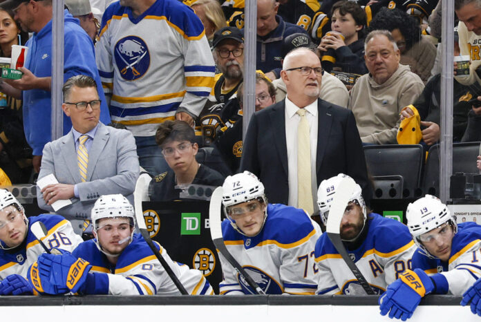 NHL: APR 26 Playoffs First Round Sabres at Bruins Lindy Ruff Buffalo Sabres head coach behind the bench 2026 Stanley Cup Playoffs