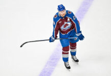 Nathan MacKinnon Four Points: Avalanche Rally Past Penguins Colorado Avalanche center Nathan MacKinnon 29 looks on during break second period Game 5 Stanley Cup Playoffs Second Round vs Minnesota Wild Ball Arena May 13 2026