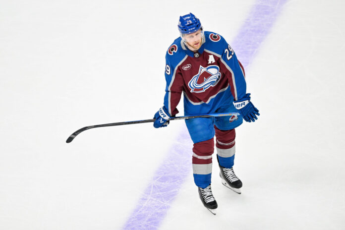 Nathan MacKinnon Avalanche Game 5 vs Wild May 13 2026 Colorado Avalanche center Nathan MacKinnon 29 looks on during break second period Game 5 Stanley Cup Playoffs Second Round vs Minnesota Wild Ball Arena May 13 2026