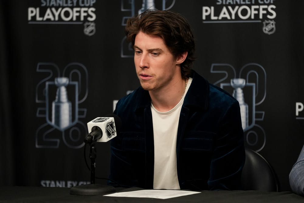 Mitch Marner addresses reporters at a Vegas Golden Knights press conference
