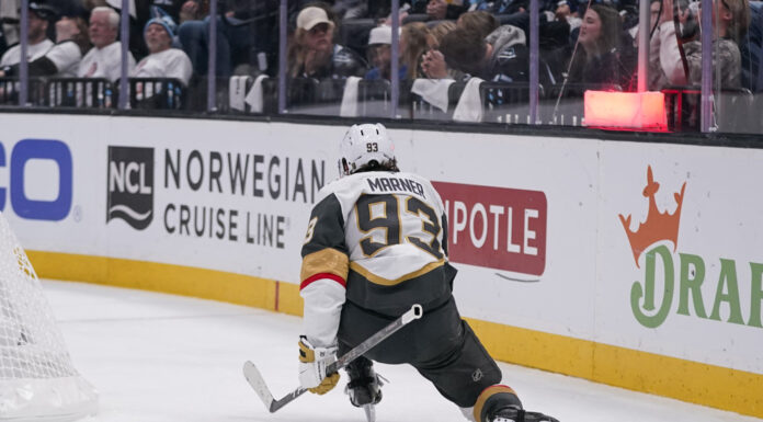 Mitch Marner Overtime Goal: Golden Knights Edge Kings Mitch Marner Vegas Golden Knights jersey 93 on the ice