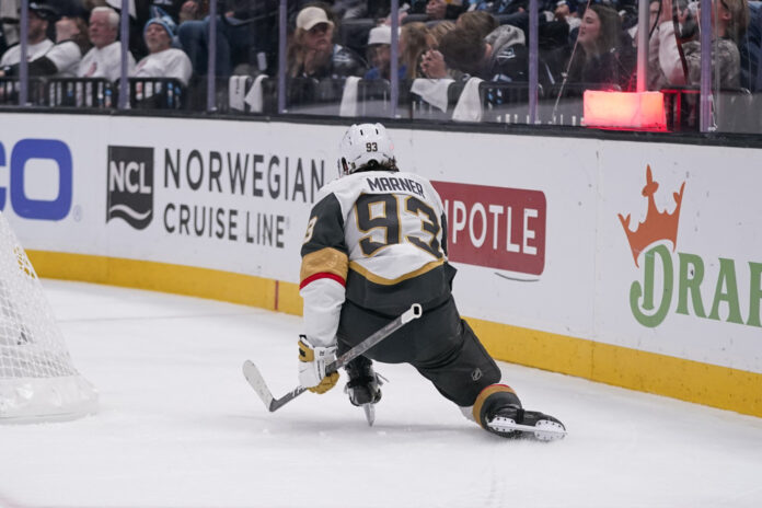 NHL: MAY 01 Playoffs First Round Golden Knights at Mammoth Mitch Marner Vegas Golden Knights jersey 93 on the ice