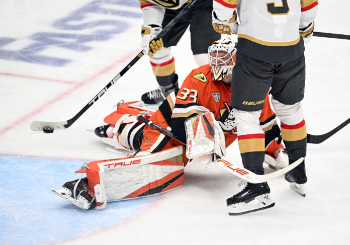NHL: MAY 08 Playoffs Second Round Golden Knights at Ducks Mitch Marner Vegas Golden Knights skates past Anaheim Ducks goalie Ville Husso for a goal in Game 3 of the 2026 NHL Stanley Cup Playoffs Second Round at Honda Center