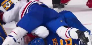 Mike Matheson Protects Zach Benson From Skates in Game 2 Scrum Mike Matheson lying on top of Zach Benson to shield him from skates during Habs-Sabres Game 2 scrum