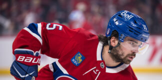 Newhook Matches 46-Year Habs Mark in Game 4 Loss to Sabres Montreal Canadiens center Alex Newhook (15) skates during warm-up at Bell Centre for Game 3 of the 2026 NHL Stanley Cup Playoffs second round between the Buffalo Sabres and Montreal Canadiens on May 10, 2026