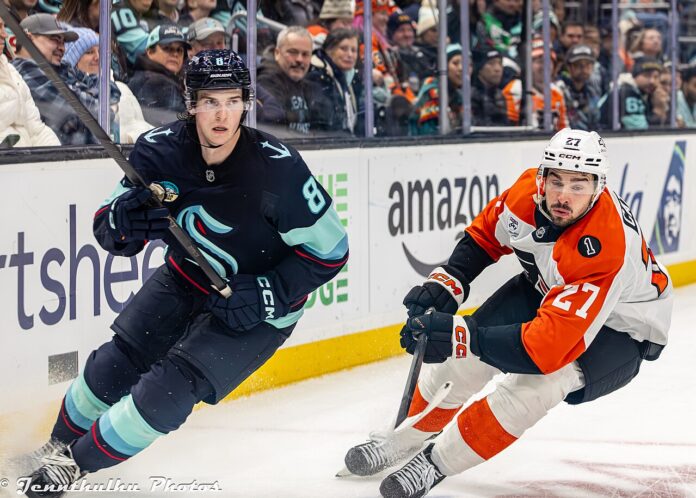Noah Cates Flyers vs Kraken December 2025 Philadelphia Flyers center Noah Cates skates against the Seattle Kraken at Climate Pledge Arena on December 28, 2025