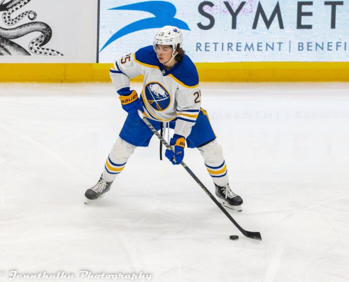 Owen Power Buffalo Sabres defenseman 2022 Buffalo Sabres defenseman Owen Power on the ice with the puck