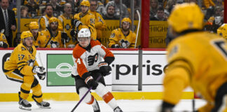 Tippett Reveals Internal Bleeding Kept Him Out of Round 2 Philadelphia Flyers right wing Owen Tippett skates with the puck against Pittsburgh Penguins right wing Rickard Rakell during Game 5 of the 2026 Stanley Cup Playoffs First Round at PPG Paints Arena