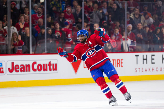 P.K. Subban Montreal Canadiens Bell Centre P.K. Subban acknowledges the Bell Centre crowd in his Montreal Canadiens home jersey