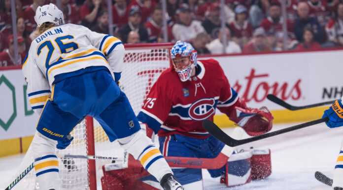 Dahlin Injury: Sabres Captain Exits With Upper-Body Issue Buffalo Sabres defenseman Rasmus Dahlin scores a goal during the first period of Game 6 of the 2026 Stanley Cup Playoffs second round against the Montreal Canadiens at Bell Centre