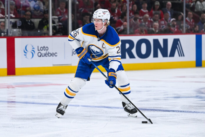 NHL: MAY 12 Playoffs Second Round Sabres at Canadiens Buffalo Sabres defenseman Rasmus Dahlin plays the puck during Game 4 of the 2026 Stanley Cup Playoffs second round against the Montreal Canadiens at Bell Centre