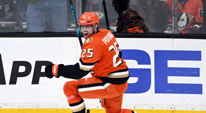 Ryan Poehling Injury: Ducks Forward Out 6-8 Weeks, MCL Sprain Anaheim Ducks center Ryan Poehling reacts after scoring goal Game 6 Stanley Cup Playoffs First Round Edmonton Oilers Honda Center April 30 2026