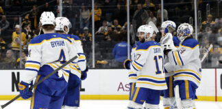 Sabres Eliminate Bruins in 6, Win First Playoff Series Since 2007 Buffalo Sabres celebrate series-clinching win over Bruins Game 6 2026 Stanley Cup Playoffs TD Garden