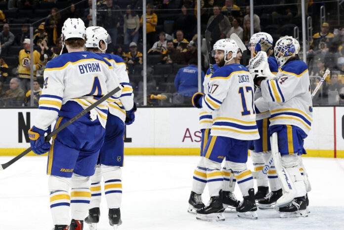NHL: MAY 01 Playoffs First Round Sabres at Bruins Buffalo Sabres celebrate series-clinching win over Bruins Game 6 2026 Stanley Cup Playoffs TD Garden