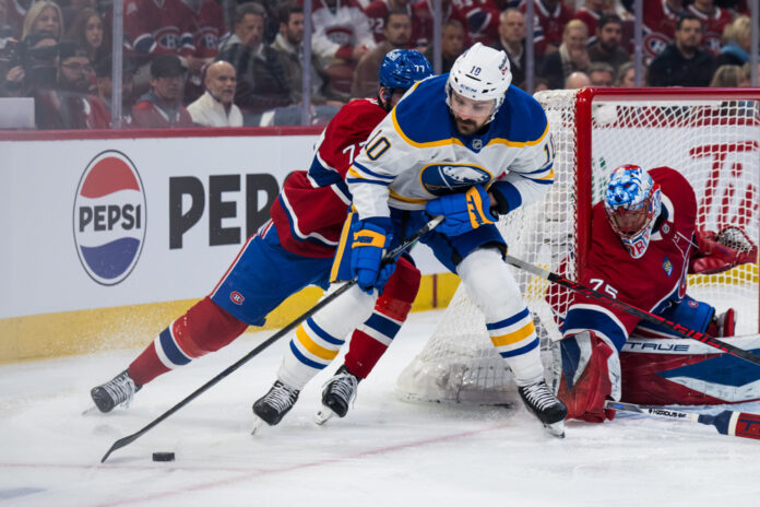 NHL: MAY 10 Playoffs Second Round Sabres at Canadiens Buffalo Sabres center Sam Carrick skates with the puck during Game 3 of the 2026 Stanley Cup Playoffs second round against the Montreal Canadiens