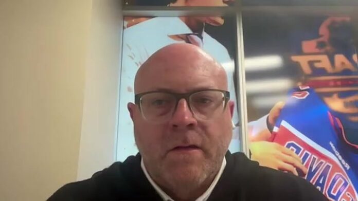 Stan Bowman Edmonton Oilers GM media availability May 14 2026 Edmonton Oilers GM Stan Bowman speaks with reporters during a media availability on May 14, 2026 after firing head coach Kris Knoblauch and assistant Mark Stuart