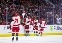 Logan Stankoven Hat Trick: First Career Three-Goal Game Logan Stankoven Carolina Hurricanes celebrates first period goal Game 3 2026 Stanley Cup Playoffs Ottawa Senators
