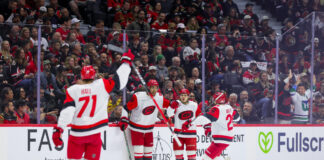 Hurricanes Troll Flyers With Cheesesteak: ‘Wit or Witout Tears?’ Logan Stankoven Carolina Hurricanes celebrates first period goal Game 3 2026 Stanley Cup Playoffs Ottawa Senators