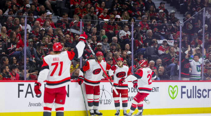 Logan Stankoven Hat Trick: First Career Three-Goal Game Logan Stankoven Carolina Hurricanes celebrates first period goal Game 3 2026 Stanley Cup Playoffs Ottawa Senators