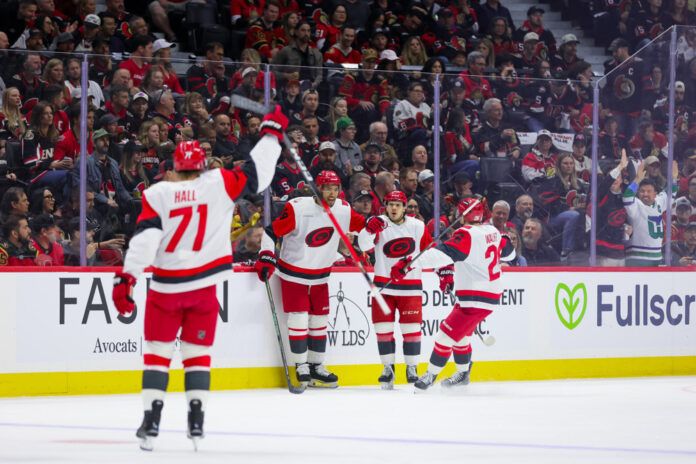 Logan Stankoven Carolina Hurricanes Celebration 2026 Playoffs Logan Stankoven Carolina Hurricanes celebrates first period goal Game 3 2026 Stanley Cup Playoffs Ottawa Senators