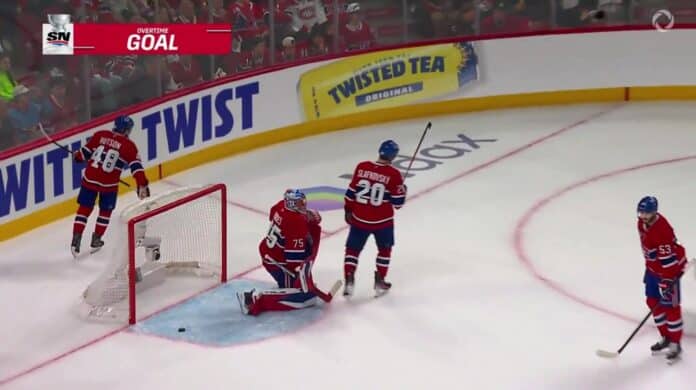 Andrei Svechnikov overtime winner Game 3 Eastern Conference Final Hurricanes Canadiens Andrei Svechnikov overtime winner Carolina Hurricanes Game 3 Eastern Conference Final vs Montreal Canadiens broadcast frame Sportsnet