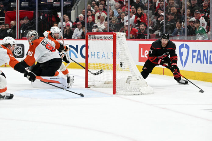 Taylor Hall Carolina Hurricanes Game 2 vs Flyers 2026 Taylor Hall Carolina Hurricanes behind net Game 2 Stanley Cup Playoffs Second Round Philadelphia Flyers May 4 2026