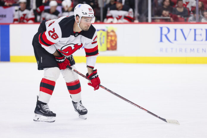 Timo Meier New Jersey Devils 2026 Timo Meier of the New Jersey Devils in stance before a face-off against the Ottawa Senators