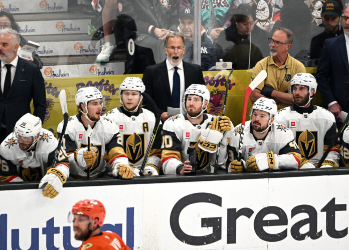 John Tortorella Vegas Golden Knights bench Ducks Game 6 2026 John Tortorella Vegas Golden Knights head coach bench Anaheim Ducks Game 6 playoffs May 14 2026
