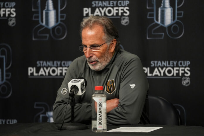 John Tortorella Vegas Golden Knights media podium Utah playoffs 2026 John Tortorella Vegas Golden Knights head coach addresses media podium Utah Mammoth playoffs 2026