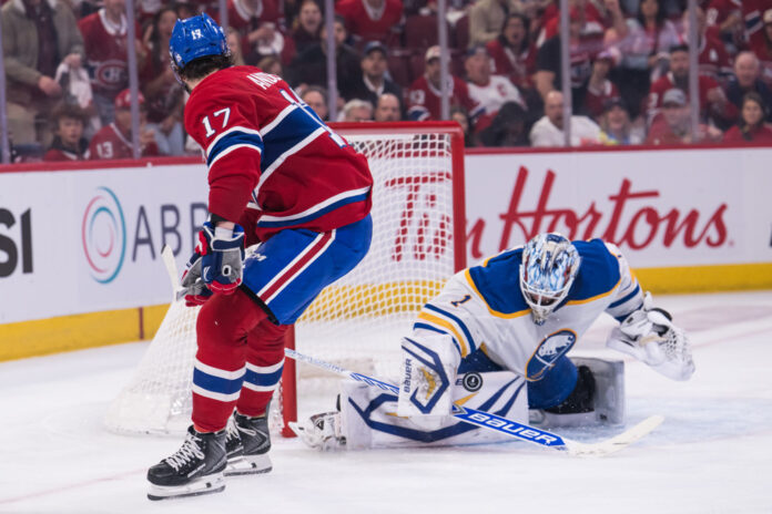 Ukko-Pekka Luukkonen Sabres Game 6 vs Canadiens 2026 Buffalo Sabres goaltender Ukko-Pekka Luukkonen makes a save against Montreal Canadiens right wing Josh Anderson during the second period of Game 6 of the 2026 Stanley Cup Playoffs second round at Bell Centre