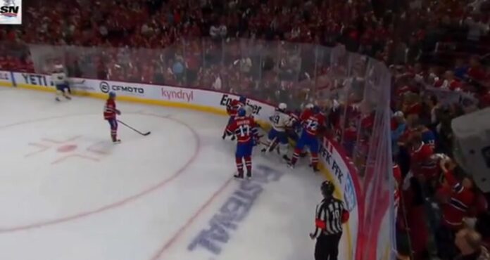 xhekaj-scrum-canadiens-sabres-game-3-fine Arber Xhekaj Sam Carrick scrum Canadiens Sabres Game 3 third period Bell Centre Montreal