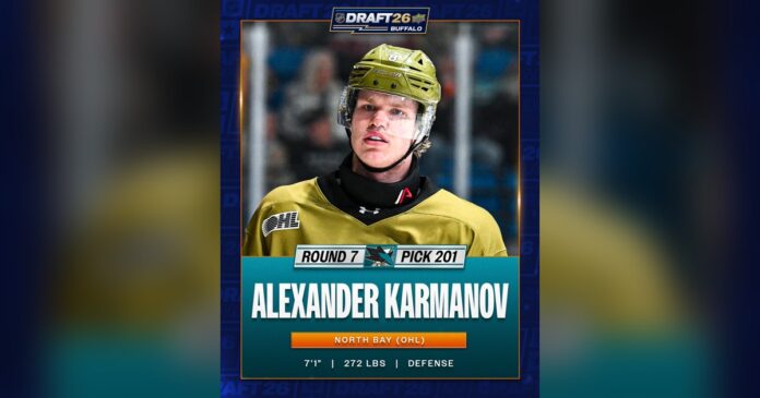 alexander-karmanov-sharks-2026-nhl-draft-tallest Alexander Karmanov San Jose Sharks 2026 NHL Draft tallest player ever drafted 7-foot-1 defenseman
