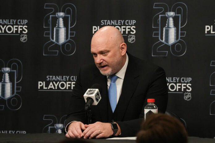 Andre Tourigny Utah Mammoth head coach 2026 Playoffs Utah Mammoth head coach Andre Tourigny addresses the media during the 2026 Stanley Cup Playoffs