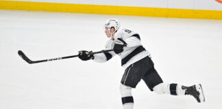 Kings Sign Brandt Clarke to Five-Year Extension Brandt Clarke Los Angeles Kings defenseman shoots puck NHL contract extension