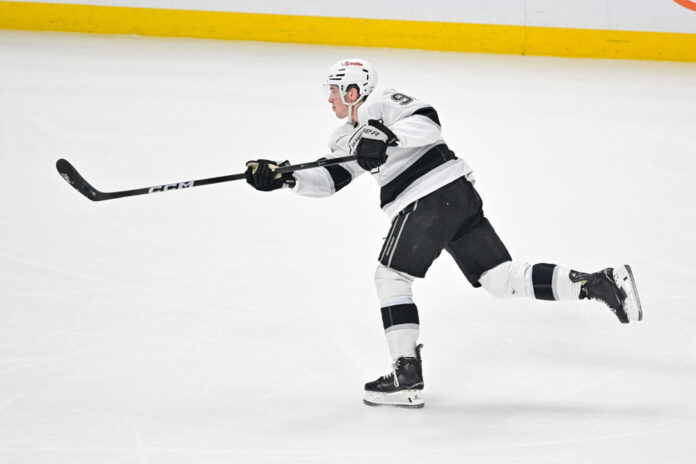 NHL: APR 21 Playoffs First Round Kings at Avalanche Brandt Clarke Los Angeles Kings defenseman shoots puck NHL contract extension