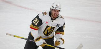 Howden Breaks Golden Knights Playoff Goal Record Brett Howden Vegas Golden Knights celebrates goal Game 2 Stanley Cup Final Carolina Hurricanes Lenovo Center Raleigh 2026