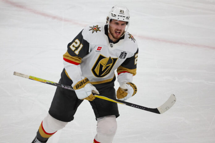 Brett Howden celebrates goal Game 2 Stanley Cup Final 2026 Brett Howden Vegas Golden Knights celebrates goal Game 2 Stanley Cup Final Carolina Hurricanes Lenovo Center Raleigh 2026