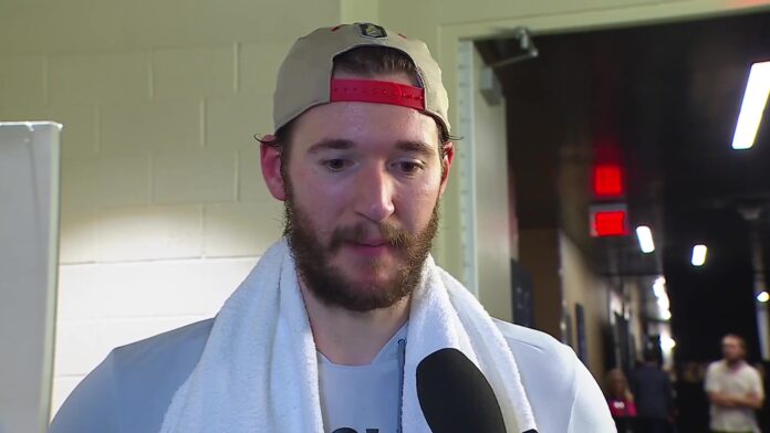Brandon Bussi Emotional Interview Game 4 Stanley Cup Final 2026 Carolina Hurricanes goaltender Brandon Bussi gets emotional during a postgame interview after his first NHL playoff start in Game 4 of the 2026 Stanley Cup Final