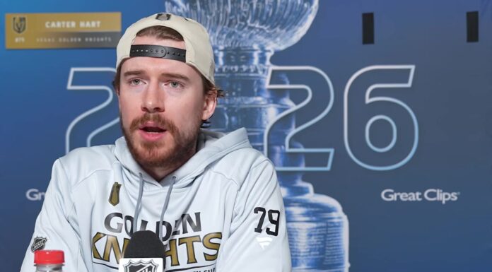 Carter Hart Injury: Golden Knights Goalie Exits Skate Carter Hart Vegas Golden Knights speaks at Stanley Cup Final media day 2026
