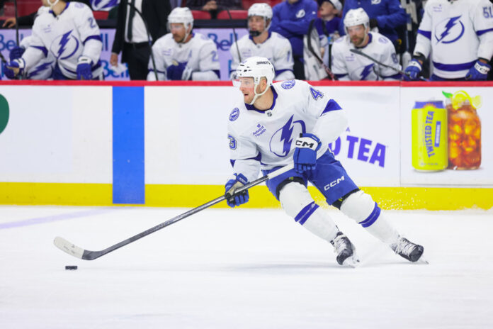 Darren Raddysh Maple Leafs trade Darren Raddysh Tampa Bay Lightning defenseman skates with the puck, traded to Toronto Maple Leafs